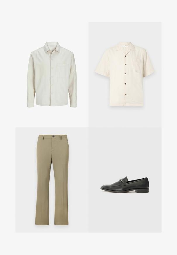 Beige nööbiga särk, mis on valmistatud puuvillast, klassikalise krae, pikkade varrukate, ühe rinnatasku ja avara lõikega. Sujuv, pehme tekstuur.; Lühikeste varrukatega särk kreemikasvalge, kergest kangast, millel on kaheharuline krae, eesmine tasku ja tumepruunid nööbid.; Heledad pruunid, laienevad püksid sujuva, kudumise tekstuuriga. Omab nupuväärse sulgemise, tõmbluku avamist, küljetaskuid ja kohandatud istuvust.; Must haveate nahkking punased, millel on sile viimistlus, tikitud muster ja dekoratiivne metallkett vampi üle. Tasane konts.