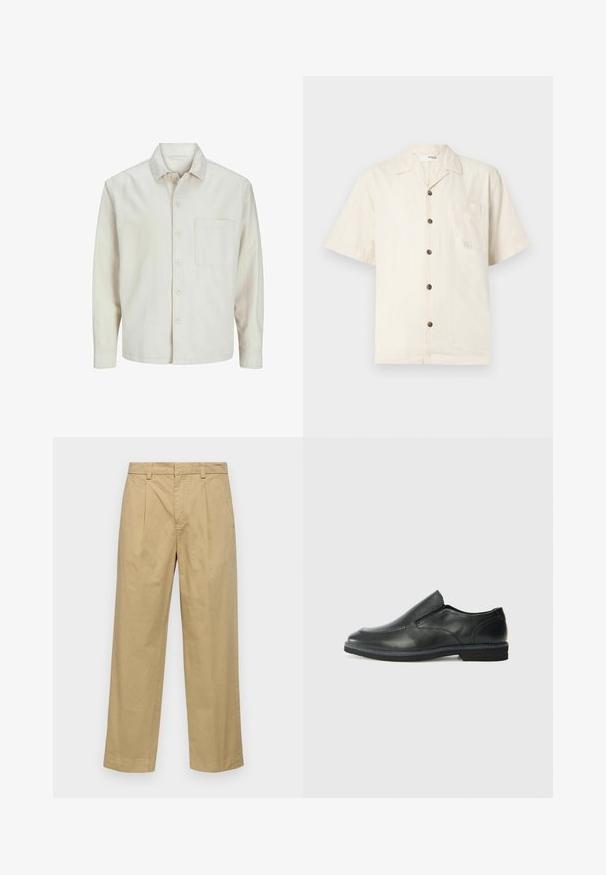 Beige nööbiga särk, mis on valmistatud puuvillast, klassikalise krae, pikkade varrukate, ühe rinnatasku ja avara lõikega. Sujuv, pehme tekstuur.; Lühikeste varrukatega särk kreemikasvalge, kergest kangast, millel on kaheharuline krae, eesmine tasku ja tumepruunid nööbid.; Bežistest puuvillased püksid otse jalgadega disainiga, millel on ette voldid ja küljetaskud. Kangas on sile ja pehme tekstuuriga.; Must musta laia suuga king, millel on sile ülemine osa, õmmeldud detailid, ümmargune nina ja madal kummist konts. Tallal on minimaalne mustr.