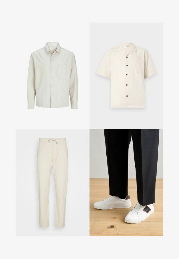 Chemise beige à manches longues en coton, avec un col classique, une poche poitrine et une coupe décontractée. Texture lisse et douce.; Chemise à manches courtes en blanc cassé, en tissu léger, avec un col noté, une poche avant et des boutons marron foncé.; Pantalon beige en tissu léger, avec une taille à cordon, une coupe fuselée et des jambes droites au toucher doux.; Des sneakers blanches au texture lisse, avec des accents en cuir marron et des détails noirs, assorties à un pantalon noir ajusté. Fond en parquet.