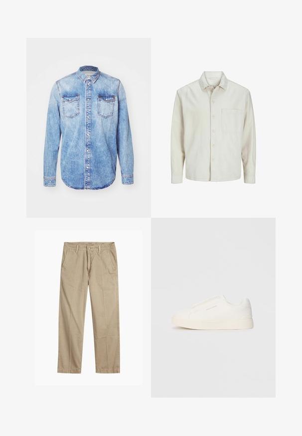 Beige knap-skjorte lavet af bomuld med klassisk krave, lange ærmer, en brystlomme og en afslappet pasform. Glat, blød tekstur.; Lysblå denimskjorte med lange ærmer, knap-ned krave, to brystlommer og kontrastsyetning. Rundet kant og klassisk pasform.; Beige lige ben chinos med bæltestropper, frontknap og lynlås lukning samt skrå frontlommer.; Hvide slip-on sneakers med en struktureret overflade, en tyk sål og et minimalistisk design. Har brandlogoet på siden.
