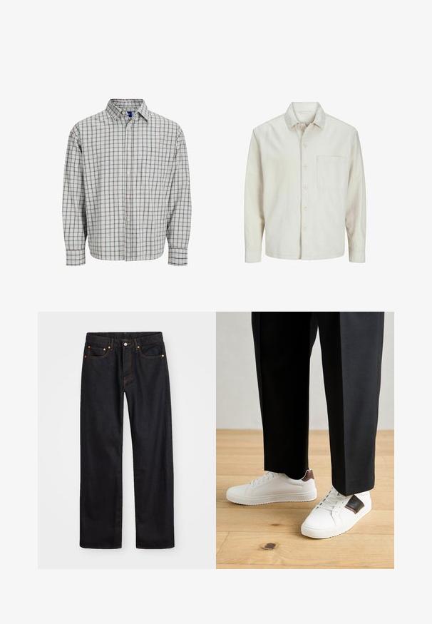 Beige pogrieta krekls no kokvilnas ar klasisku apkakli, garām piedurknēm, vienu krūšpocketu un brīvu piegriezumu. Gluda, maiga tekstūra.; Ilgi piedurkņu pogu krekls ar gaismas zilas un brūnas krāsas pārbaudes rakstu, ar krūšu kabatu un noapaļotu apkakli. Kokvilnas maisījuma materiāls.; Vīriešu taisno kāju melnie džinsi ar piecām kabatām un oranžu izšuvumu, ar pogu un zipa aizdari priekšējā jostas daļā.; Baltā pārsoļa apavi ar gludu tekstūru, papildināti ar brūniem ādas akcentiem un melniem elementiem, savienoti ar melnām pielāgotām biksēm. Koka grīdas fons.