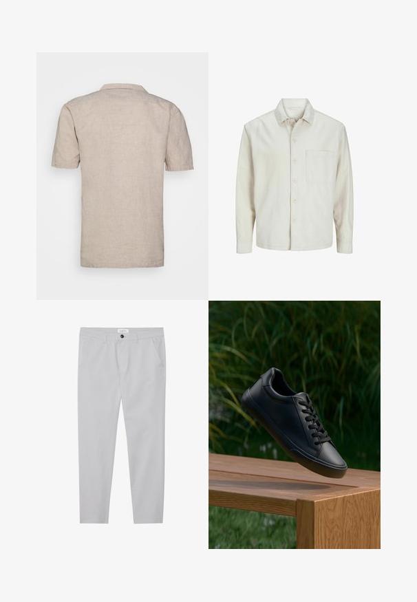 Camicia beige a bottoni realizzata in cotone con colletto classico, maniche lunghe, una tasca sul petto e una vestibilità rilassata. Texture liscia e morbida.; Camicia beige in lino a maniche corte con colletto, caratterizzata da un tessuto testurizzato e orlo dritto, senza motivi o accenti visibili.; Pantaloni grigi chiari realizzati in un tessuto morbido, con una vestibilità slim, due tasche frontali, chiusura con bottone e un discreto dettaglio di texture.; Sneaker in pelle nera con texture liscia, punta rotonda e lacci piatti, posizionato sopra una superficie di legno con erba verde sullo sfondo.