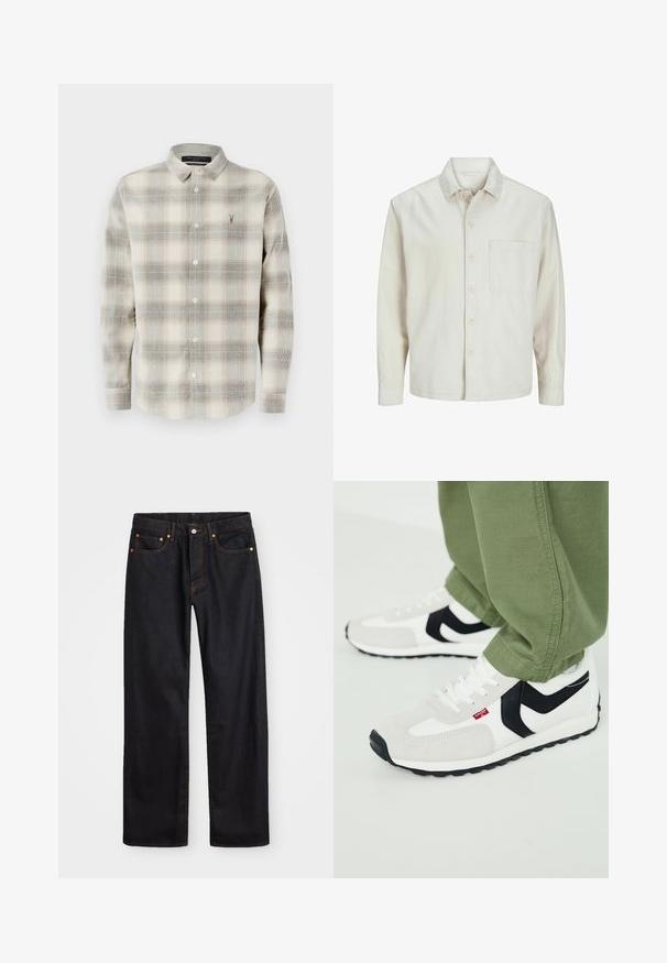 Beżowa koszula z długim rękawem wykonana z bawełny, z klasycznym kołnierzykiem, jedną kieszenią na piersi i luźnym krojem. Gładka, miękka faktura.; Koszula z długim rękawem, zapinana na guziki, we wzór w kratkę w odcieniach beżu i szarości, z pointed kołnierzykiem oraz małym haftowanym logo na lewej piersi.; Męskie jeansy w prostym kroju, czarne, z pięcioma kieszeniami oraz pomarańczowymi strefami, z zapięciem na guzik i zamek z przodu w pasie.; Białe i szare sneakersy z czarnymi akcentami, wykonane z zamszu i siateczki, płaska gumowa podeszwa i białe sznurowadła. Widoczny mały detal z czerwonym logo.