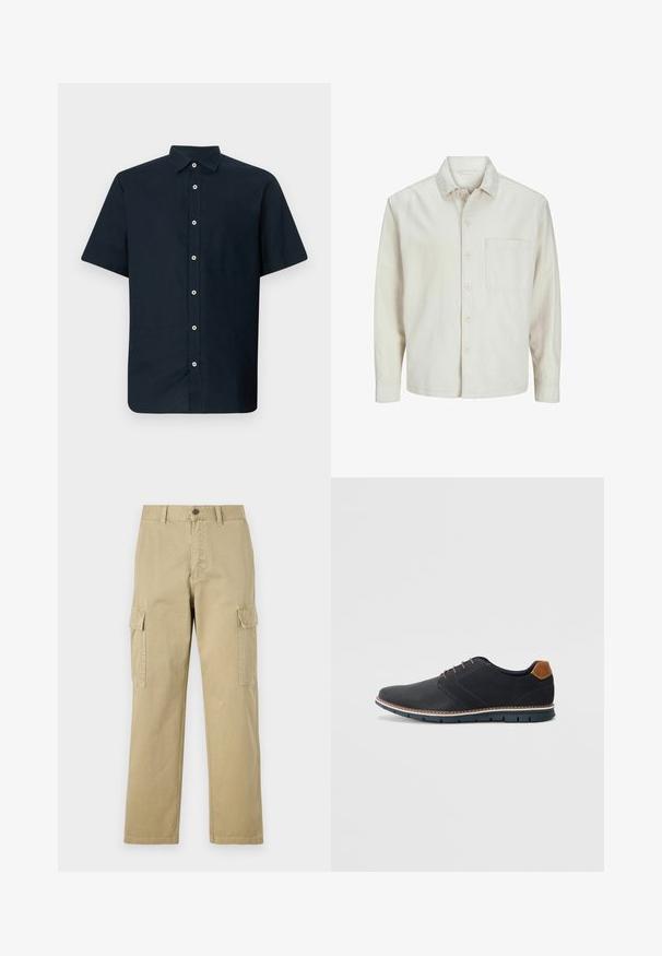 Beige színű, pamut anyagú gombos ing, klasszikus gallérral, hosszú ujjakkal, egy mellzsebbel és laza szabással. Sima, puha tapintású.; Rövid ujjú ing sötétkék pamutból, gombos gallérral és fehér gombokkal. Simaság és egyenes fazon, minta nélkül.; Beige vászon cargo nadrág, két oldalsó zsebbel, gombos záródással, egyenes lábakkal és enyhén texturált anyagból készült.; Fekete szintetikus cipők, textúrált felsőrésszel, sima díszítésekkel, barna sarkával és kontrasztos talppal. Minimális fűzéssel és varrási részletekkel rendelkezik.