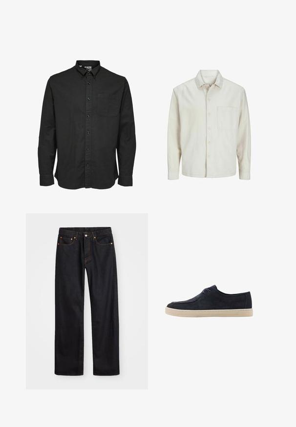 Beige overhemd met knopen, gemaakt van katoen, met een klassieke kraag, lange mouwen, één borstzak en een comfortabele pasvorm. Glad, zacht textuur.; Zwarte lange mouw overhemd in katoen, met een standaardkraag, een borstzak en bijpassende zwarte knopen.; Heren straight-leg zwarte denim jeans met vijf zakken en oranje stiksels, knoop- en ritssluiting op de voorkant van de tailleband.; Marineblauwe suède schoen met een ronde neus, twee oogjes voor veters en een crèmekleurige rubberen zool. Glad aanvoelend en minimalistisch ontwerp.