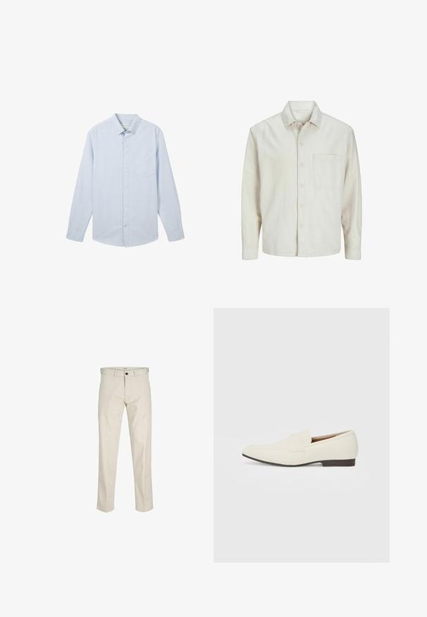 Beige színű, pamut anyagú gombos ing, klasszikus gallérral, hosszú ujjakkal, egy mellzsebbel és laza szabással. Sima, puha tapintású.; Világoskék, hosszú ujjú, gombos ing vékony fehér csíkokkal, klasszikus gallérral és bal oldali mellen elhelyezett zsebbel, pamut anyagból készült.; Beige pamut nadrág, egyenes fazonnal, gombos zipzárral, elülső zsebekkel és varrott varratokkal. Sima textúra, minimális részletezés és minta nélküli.; Világos bézs loaferek hegyes orral, sima anyagból, a lábfejen lévő pánttal és alacsony barna talppal. Egyszerű dizájn, minimális díszítéssel.