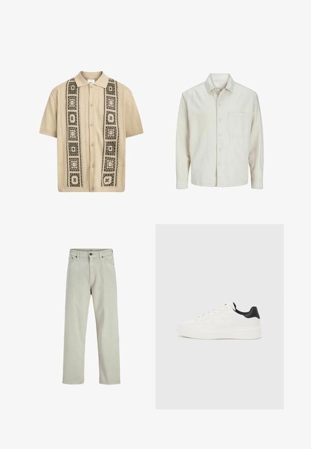 Beige nööbiga särk, mis on valmistatud puuvillast, klassikalise krae, pikkade varrukate, ühe rinnatasku ja avara lõikega. Sujuv, pehme tekstuur.; Lühikeste varrukatega beež särk nööbiga, millel on ees dekoratiivsed rohelised ja mustad geomeetrilised mustrid ning tekstuuriga kudumise detailid.; Heledad beežid denim teksad sirge jalgade disainiga, viie taskuga stiil ja nööbiga kinnitus vööl, millel on minimaalsed õmbluse detailid.; Valge nahast sneaker, millel on reljeefne muster, tekstureeritud valge vaheline tall ja must kannaaktsent. Omab ümarat nina ja lamedat paelavarrast.