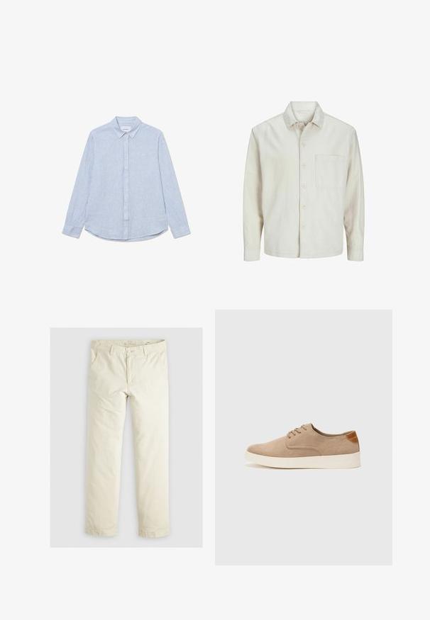 Chemise beige à manches longues en coton, avec un col classique, une poche poitrine et une coupe décontractée. Texture lisse et douce.; Chemise boutonnée bleu clair avec des rayures blanches, manches longues, col, ourlet arrondi et logo discret sur la poitrine. Matière en coton.; Pantalons loose-fit beige clair avec trois poches, passants de ceinture et une coupe droite. Fabriqués en un doux mélange de coton.; Baskets en daim beige avec un embout arrondi, un laçage sur le devant et un accent texturé à l'arrière. La semelle en caoutchouc blanche offre un contraste. Design simple et moderne.