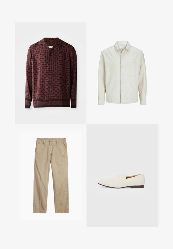 Beige Hemd mit Knopfleiste aus Baumwolle, klassischem Kragen, langen Ärmeln, einer Brusttasche und lockerer Passform. Glatte, weiche Textur.; Langarmhemd mit burgunderfarbenem geometrischem Muster, spitzem Kragen und Knopfverschluss vorne. Hergestellt aus glattem Material in lockerer Passform.; Beige gerade geschnittene Chinos mit Gürtelschlaufen, vorderem Knopf- und Reißverschlussverschluss sowie schrägen Fronttaschen.; Hellbeige Slipper mit spitzem Zehenbereich, glattem Material, einem Riemen über dem Vorderfuß und einer niedrigen braunen Sohle. Einfaches Design mit minimalen Akzenten.