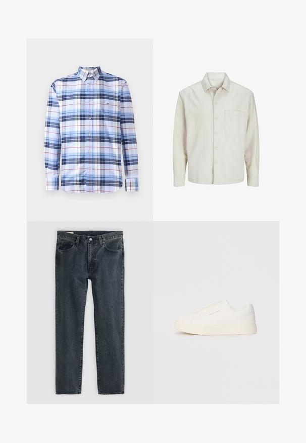 Beige košile na knoflíky vyrobená z bavlny s klasickým límcem, dlouhými rukávy, jednou náprsní kapsou a uvolněným střihem. Hladká a jemná textura.; Dlouhý rukáv, košile na knoflíky v modro-bílé kárované s červenými akcenty. Vyrobena z tkaného materiálu s klasickým límečkem a detaily kapsy.; Tmavě modré džíny s rovnými nohavicemi, pěti kapsami a zapínáním na knoflíky. Tkanina vykazuje jemné blednutí a texturu.; Bílé slip-on tenisky s texturovaným povrchem, silnou podešví a minimalistickým designem. Na boku je umístěno logo značky.