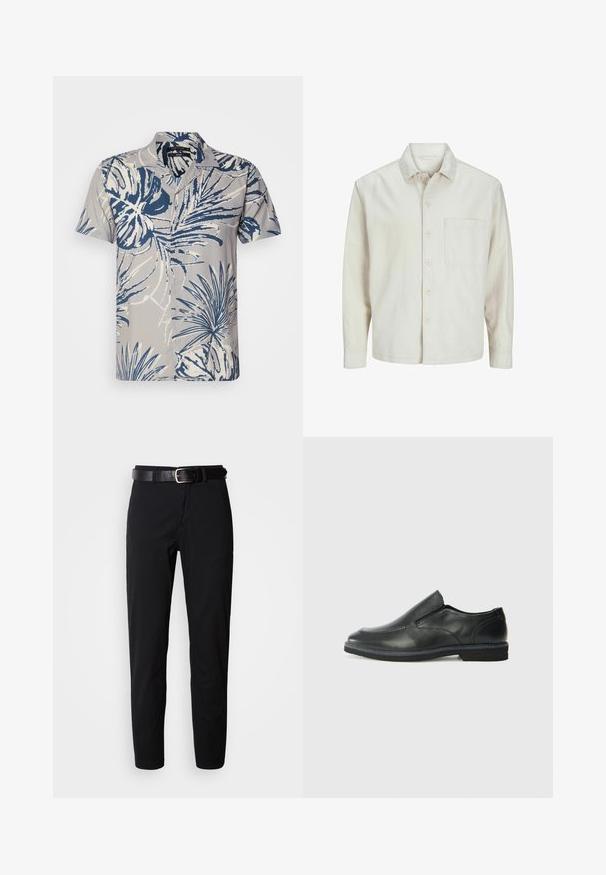 Camicia beige a bottoni realizzata in cotone con colletto classico, maniche lunghe, una tasca sul petto e una vestibilità rilassata. Texture liscia e morbida.; Camicia a maniche corte con bottoni in tessuto grigio chiaro, caratterizzata da un motivo di foglie tropicali blu e bianche, con colletto classico e sette bottoni.; Pantaloni neri a gamba dritta, con una texture morbida e una cintura in pelle nera con una fibbia argentata. Design semplice, senza motivi o accenti.; Scarpa nera in pelle con inserto scivolare, superiore liscio, dettagli cuciti, punta arrotondata e tacco in gomma basso. La suola presenta un battistrada minimale.