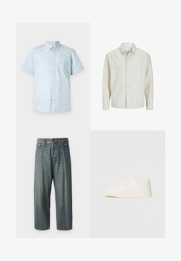 Beige Hemd mit Knopfleiste aus Baumwolle, klassischem Kragen, langen Ärmeln, einer Brusttasche und lockerer Passform. Glatte, weiche Textur.; Kurzärmliges Hemd mit Knopfleiste in Hellblau mit einem quadratischen Muster. Hergestellt aus einem Stoff mit glatter Textur und einer einzigen Brusttasche.; Helle blaue Denim-Jeans mit lockerer Passform, mittelhoher Taille und geraden Beinen. Hat fünf Taschen, Gürtelschlaufen und einen Knopfverschluss.; Weiße Slip-On-Sneaker mit einer strukturierten Oberfläche, dicker Sohle und minimalistischem Design. Mit Logo der Marke an der Seite.