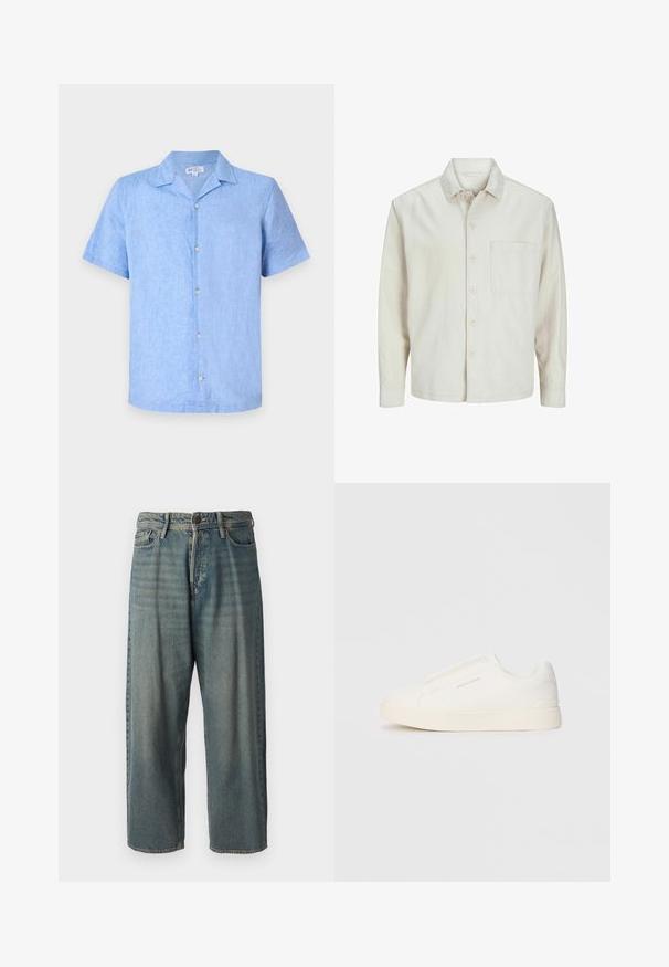 Béžová košeľa s gombíkmi vyrobená z bavlny, s klasickým golierom, dlhými rukávmi, jednou náprsní kapsou a voľným strihom. Hladká, mäkká textúra.; Krátky rukáv košeľa na gombíky v svetlomodrej ľanovej farbe, s golierom, predným zapínaním na gombíky a voľným strihom. Hladká textúra s minimálnymi detailmi.; Svetlomodré denimové nohavice so voľným strihom, stredne vysokým pásom a rovnými nohavicami. Obsahujú päť vreciek, pútka na opasok a zapínanie na gombík.; Biele slip-on tenisky s textúrovaným povrchom, hrubou podrážkou a minimalistickým dizajnom. Obsahuje logo značky na boku.