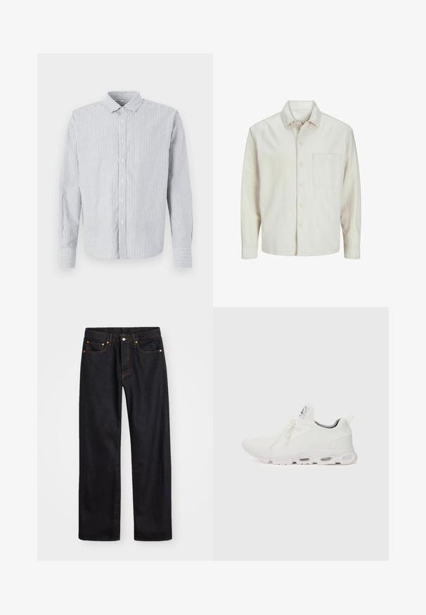 Camisa de botón de color beige hecha de algodón, con un cuello clásico, mangas largas, un bolsillo en el pecho y un corte relajado. Textura suave y lisa.; Camisa de botones a rayas con cuello, mangas largas y silueta recta. Los colores incluyen blanco y tonos de azul.; Jeans de mezclilla negros de pierna recta para hombre, con cinco bolsillos y costuras en color naranja, cierre de botón y cremallera en la parte delantera de la cintura.; Zapatillas deportivas blancas con un upper de punto texturizado, cordones planos y una suela acolchada con cámaras de aire visibles para mayor soporte.