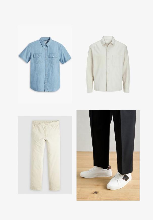 Beige nööbiga särk, mis on valmistatud puuvillast, klassikalise krae, pikkade varrukate, ühe rinnatasku ja avara lõikega. Sujuv, pehme tekstuur.; Hele sinine lühikeste varrukatega nööpidega särk, mis on valmistatud denimist, kahe rinnataskuga, millel on vertikaalne õmblus ja klassikaline krae.; Heledadbež püksid, millel on lõtv istuvus, kolm taskut, vöökohad ja sirge lõikega disain. Valmistatud pehmest puuvillasegust materjalist.; Valged sneakersid siledat tekstuurist, millel on pruunad nahast detailid ja mustad aksessuaarid, millele on sobitatud mustad kohandatud püksid. Puitpõranda taust.