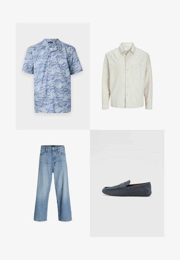 Camicia beige a bottoni realizzata in cotone con colletto classico, maniche lunghe, una tasca sul petto e una vestibilità rilassata. Texture liscia e morbida.; Camicia a maniche corte di colore azzurro chiaro con un motivo a onde. Realizzata in un tessuto morbido, presenta una chiusura con bottoni e un colletto in stile camp.; Jeans blu chiaro a gamba larga realizzati in denim, con vita alta, classico design a cinque tasche e chiusura a bottone con zip.; Mocassini grigi perforati con design slip-on, caratterizzati da un accento arancione, punta arrotondata e suola in gomma testurizzata.