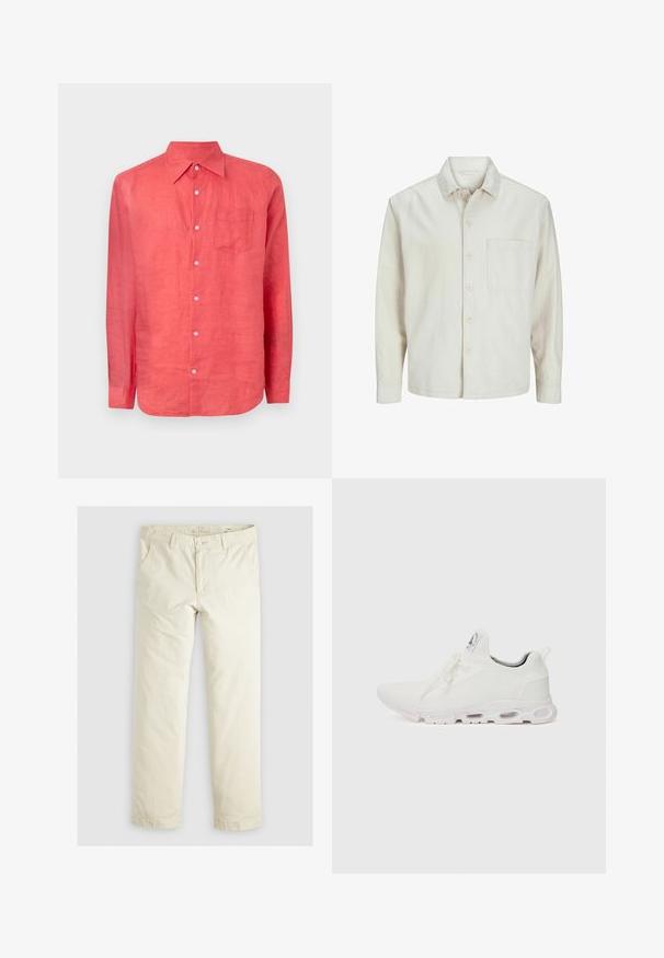 Beżowa koszula z długim rękawem wykonana z bawełny, z klasycznym kołnierzykiem, jedną kieszenią na piersi i luźnym krojem. Gładka, miękka faktura.; GAP - Koszula; Jasno beżowe luźne spodnie z trzema kieszeniami, paskami na pasek oraz prostym krojem nogawki. Wykonane z miękkiej mieszanki bawełny.; Białe buty sportowe z teksturowaną cholewką z dzianiny, płaskimi sznurowadłami oraz wyściełaną podeszwą z widocznymi komorami powietrznymi dla dodatkowego wsparcia.