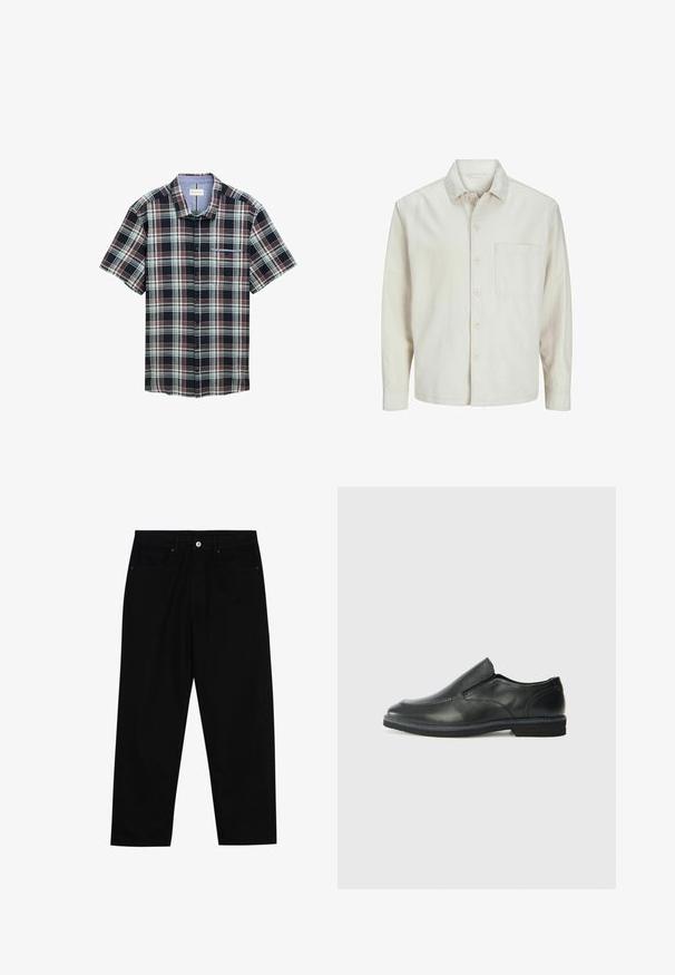 Camicia beige a bottoni realizzata in cotone con colletto classico, maniche lunghe, una tasca sul petto e una vestibilità rilassata. Texture liscia e morbida.; Camicia a maniche corte a quadri in navy, rosso e verde. Presenta chiusura con bottoni, tasca sul petto e motivo a quadri con colletto a contrasto.; Pantaloni in denim nero con taglio dritto, design a cinque tasche e chiusura frontale con bottone. Tessuto liscio con dettagli di cucitura minimi.; Scarpa nera in pelle con inserto scivolare, superiore liscio, dettagli cuciti, punta arrotondata e tacco in gomma basso. La suola presenta un battistrada minimale.