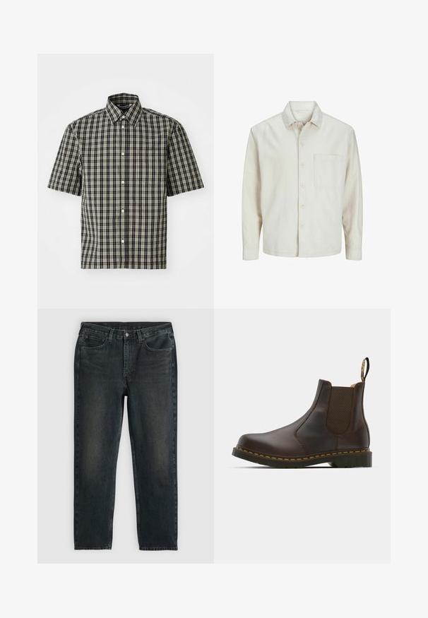 Šviesiai rudos spalvos medvilninis marškinis su klasikiniais atvartais, ilgomis rankovėmis, viena krūtine kišenė ir laisvas fasonas. Sklandus, minkštas paviršius.; Juodai ir smėlio spalvos langeliu rašo, trumpų rankovių marškiniai, su mygtukiniu apykakle ir kairiu krūtinės kišeniu. Klasikinis langelių raštas visame paviršiuje.; Tamsiai mėlynos džinsinės kelnės su tiesiu kirpimu, turinčios penkias kišenes, užtrauktuką ir kontrastingas siūles. Audinys šiek tiek nublukęs.; Rudi odiniai Chelsea batai su elastinėmis šoninėmis panelėmis, tekstūruota kulno dalimi ir kontrastingomis geltonomis siūlėmis. Yra patogu dėvėti dėl užtrauktuko.