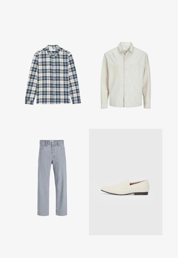 Beige overhemd met knopen, gemaakt van katoen, met een klassieke kraag, lange mouwen, één borstzak en een comfortabele pasvorm. Glad, zacht textuur.; Groen en witte geruite shirt met blauwe accenten, voorzien van een button-down kraag, lange mouwen en een borstzak. Gemaakt van zachte stof.; Lichtblauwe denim jeans met een relaxed fit, rechte pijpen, zichtbare stiksels, twee voorzakken en een knoopsluiting.; Lichtbeige loafers met een spitse neus, glad materiaal, een band over de wreef en een lage bruine zool. Eenvoudig ontwerp met minimale accenten.