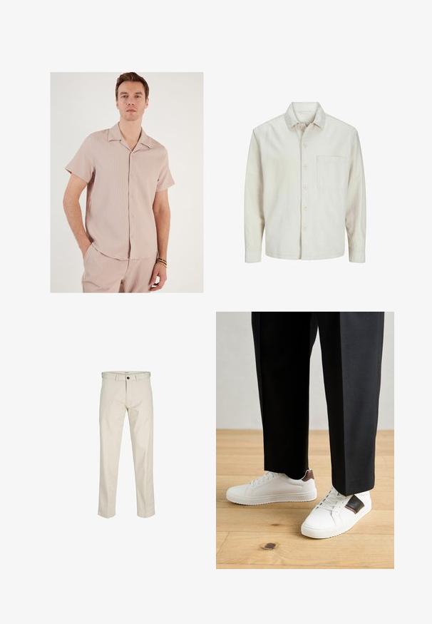 Beige košile na knoflíky vyrobená z bavlny s klasickým límcem, dlouhými rukávy, jednou náprsní kapsou a uvolněným střihem. Hladká a jemná textura.; Košile s krátkým rukávem v světle růžové barvě, vyrobená z žebrované tkaniny. Má límec a knoflíky vpředu, s volnějším střihem.; Béžové bavlněné kalhoty s rovnými nohavicemi, s knoflíkovým zapínáním, předními kapsami a šitými švy. Hladká textura, minimalismus v detailech a bez vzorů.; Bílé tenisky s hladkým povrchem, s hnědými koženými akcenty a černými detaily, kombinované s černými kalhotami na míru. Pozadí tvoří dřevěná podlaha.