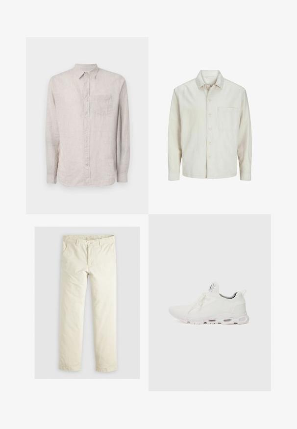 Beige painasärk, mis on valmistatud puuvillast, klassikalise kraega, pika varrukaga, ühe rinna taskuga ja lõdva lõikega. Sile, pehme tekstuur.; GAP STANDARD - Vapaa-ajan kauluspaita - tonal khaki; Vaaleanbeige löysäntuftiset housut, joissa on kolme taskua, vyölenkit ja suora lahje. Valmistettu pehmeästä puuvillasekoitekankaasta.; Valkoiset urheilukengät, joissa on teksturoitu neulepinta, litteät nauhat ja pehmustettu pohja, jossa on näkyvät ilmakammiot lisätuen tarjoamiseksi.