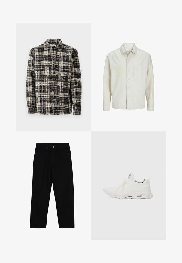 Chemise beige à manches longues en coton, avec un col classique, une poche poitrine et une coupe décontractée. Texture lisse et douce.; Veste à carreaux texturée en noir et blanc, boutonnée, à manches longues et col, posée à plat sur un fond blanc uni.; Pantalons en denim noir avec une coupe droite, un design à cinq poches et une fermeture à bouton à l'avant. Texture lisse avec des détails de couture minimaux.; Baskets blanches de sport avec un dessus en maille texturée, des lacets plats et une semelle rembourrée avec des chambres à air visibles pour un soutien supplémentaire.