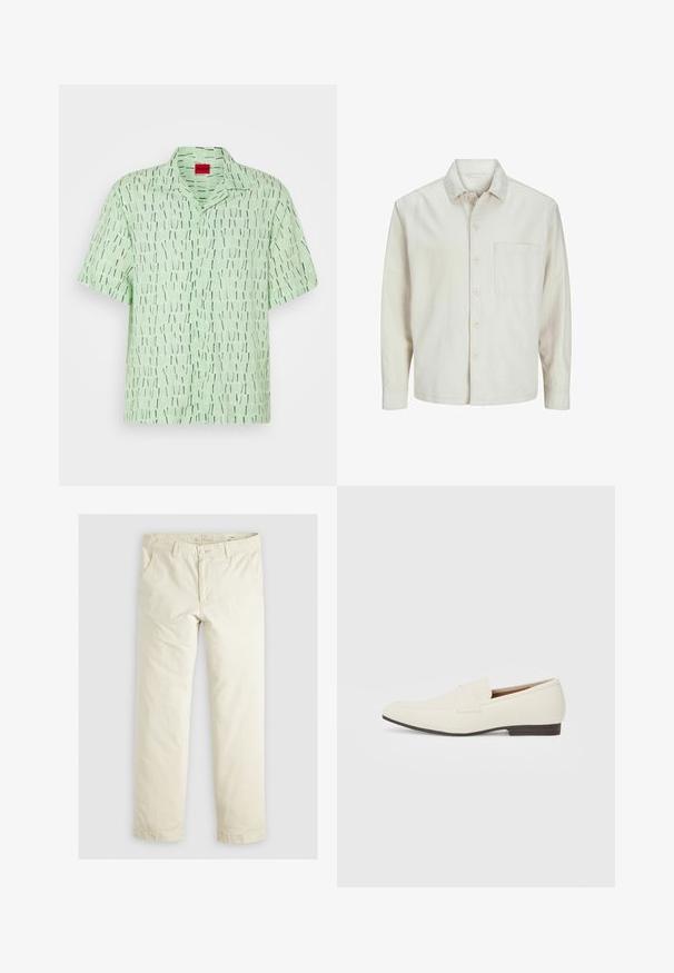 Béžová košeľa s gombíkmi vyrobená z bavlny, s klasickým golierom, dlhými rukávmi, jednou náprsní kapsou a voľným strihom. Hladká, mäkká textúra.; Krátky rukáv košele v svetlozelenej farbe s grafickým vzorom z vertikálnych čiernych a bielych pruhov. Obsahuje golier a gombíkovú prednú časť.; Svetlo béžové voľné nohavice s troma vreckami, pútky na opasok a rovnými nohavicami. Vyrobené z mäkkej bavlnenej zmesi.; Svetlé béžové mokasíny s špicatou špičkou, hladkým materiálom, pásikom cez vamp a nízkou hnedou podrážkou. Jednoduchý dizajn s minimálnymi akcentmi.