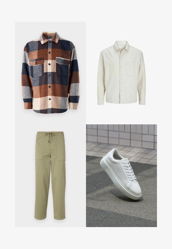 Beige button-up shirt made of cotton with a classic collar, long sleeves, one chest pocket, and a relaxed fit. Smooth, soft texture.; Checkered flannel shirt in brown, navy, and cream. Features a button-up front, two chest pockets, and a spread collar. Soft texture.; Light olive green pants made of cotton blend fabric, featuring an elastic waistband with drawstring, and two large side pockets.; White leather sneaker with a smooth surface, round toe, and flat white laces. Features a textured rubber sole and minimal design elements.