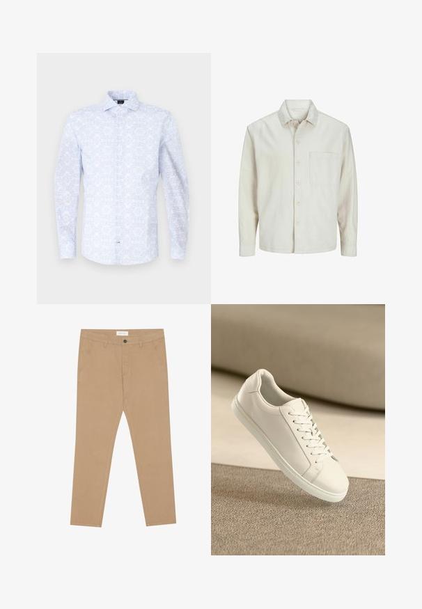 Bež srajca s gumbi, izdelana iz bombaža, s klasičnim ovratnikom, dolgimi rokavi, enim žepom na prsih in sproščenim krojem. Gladka, mehka tekstura.; Svetlo modra dolg rokav s cvetličnim vzorcem, izdelana iz gladkega blaga. Ima usmerjen ovratnik in sprednje zapiranje z gumbi.; Kaki chinos iz mešanice bombaža, z ravnim sprednjim delom, dvema stranskima žepoma in enim zadnjim žepom. Lahka tkanina z gladko teksturo.; Beli usnjeni športni copat z belimi vezalkami, razstavljen na bež teksturirani površini z mehkim zamegljenim ozadjem.