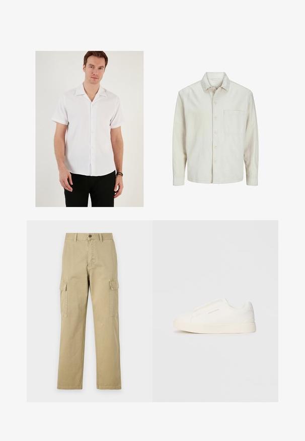 Šviesiai rudos spalvos medvilninis marškinis su klasikiniais atvartais, ilgomis rankovėmis, viena krūtine kišenė ir laisvas fasonas. Sklandus, minkštas paviršius.; Balta trumpo rankovės marškiniai su raštuota tekstūra, skleidžiamu apykakle ir mygtukais priekyje. Sujungti su juodomis kelnėmis, pabrėžiant atsitiktinį dizainą.; Kreminės spalvos cargos kelnės, pagamintos iš medvilnės, su dviem šoninėmis kišenėmis, mygtukų užsegimu ir tiesiomis kojomis, šiek tiek tekstūruotu audiniu.; Baltos slip-on sportbačiai su tekstūruota paviršiumi, storesniu padu ir minimalistišku dizainu. Šone matosi prekės ženklo logotipas.