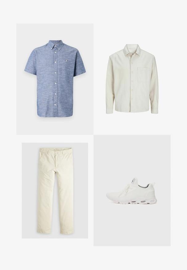 Beige Hemd mit Knopfleiste aus Baumwolle, klassischem Kragen, langen Ärmeln, einer Brusttasche und lockerer Passform. Glatte, weiche Textur.; Kurzärmliges Hemd mit Knöpfen aus hellblauem, strukturiertem Stoff. Verfügt über einen Kragen, eine Knopfleiste auf der Vorderseite und ein kleines Emblem in der Nähe der Brust.; Helle beigefarbene, lässig geschnittene Hose mit drei Taschen, Gürtelschlaufen und geradem Bein. Hergestellt aus einem weichen Baumwoll-Mix.; Weiße Sportschuhe mit einem strukturierten Strickobermaterial, flachen Schnürsenkeln und einer gepolsterten Sohle mit sichtbaren Luftkammern für zusätzlichen Halt.