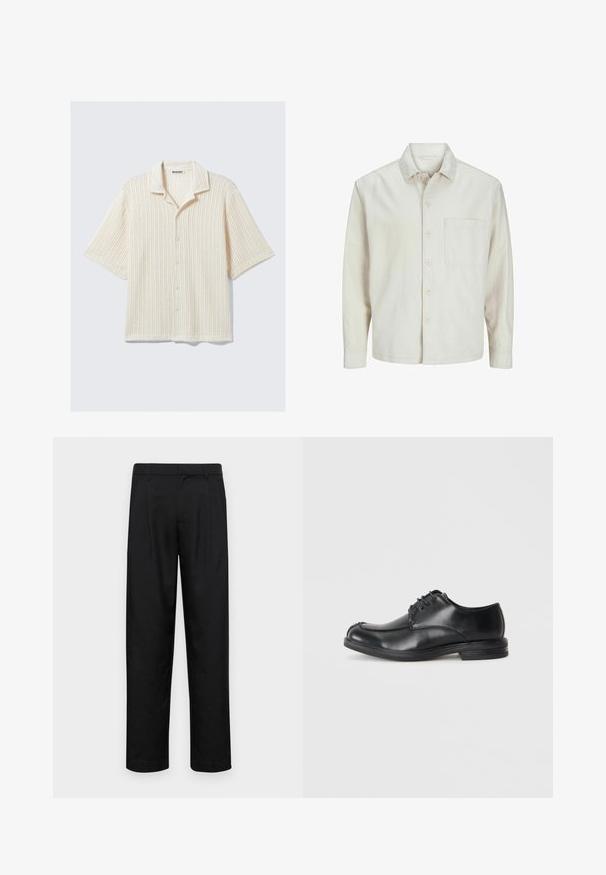 Camicia beige a bottoni realizzata in cotone con colletto classico, maniche lunghe, una tasca sul petto e una vestibilità rilassata. Texture liscia e morbida.; Camicetta a maniche corte con bottoni in crema con una texture a coste. Presenta un colletto piegato e cinque bottoni anteriori. Design casual.; Pantaloni neri realizzati in tessuto liscio, caratterizzati da un taglio dritto, due pieghe frontali e una vita standard con passanti per la cintura.; Scarpe in pelle nera con stringhe, puntale arrotondato, texture liscia e tacco basso. Presentano dettagli di cucitura lungo la tomaia e i lati.