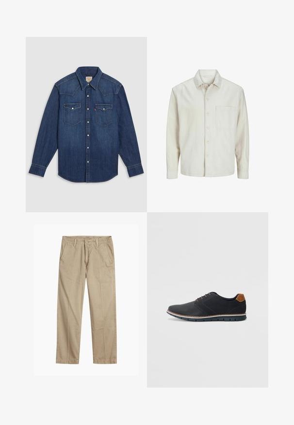 Šviesiai rudos spalvos medvilninis marškinis su klasikiniais atvartais, ilgomis rankovėmis, viena krūtine kišenė ir laisvas fasonas. Sklandus, minkštas paviršius.; Tamsiai mėlyna džinsinė marškinė su ilgomis rankovėmis, smailiu apykaklės dizainu, baltais spaustukais ir dviem krūtinės kišenėmis. Pabrėžia siuvinėtas pečių detales.; Bežiniai tiesaus kirpimo chinos kelnės su diržo kilputėmis, priekyje esančia mygtuko ir užtrauktuko uždarymo sistema, bei šoninėmis kišenėmis.; Juodi sintetiniai batai su tekstūruotu paviršiumi, lygiomis detalėmis, ruda kulna ir kontrastingu padu. Yra minimalus raištelių užsidėjimas ir siuvimo detalės.
