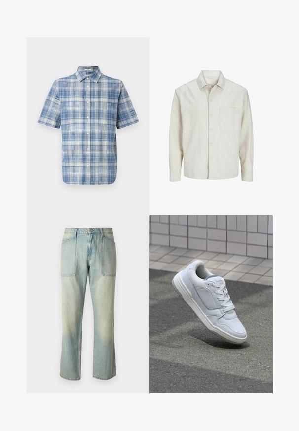 Beżowa koszula z długim rękawem wykonana z bawełny, z klasycznym kołnierzykiem, jedną kieszenią na piersi i luźnym krojem. Gładka, miękka faktura.; Koszula z krótkim rękawem w niebiesko-białą kratkę, z kołnierzykiem w kształcie patki oraz miękką, teksturowaną bawełnianą tkaniną.; Jasnoniebieskie dżinsy z prostymi nogawkami, widocznymi szwami i dwiema dużymi kieszeniami z przodu. Tkanina ma wyblakłą strukturę.; Białe skórzane trampki z perforowanymi bokami, teksturowanymi akcentami, płaskimi sznurowadłami i kontrastującym szarym obcasem. Posiadają lekko podniesioną podeszwę.