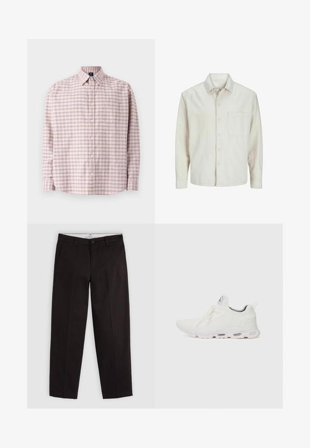 Šviesiai rudos spalvos medvilninis marškinis su klasikiniais atvartais, ilgomis rankovėmis, viena krūtine kišenė ir laisvas fasonas. Sklandus, minkštas paviršius.; Šviesiai rožinė languota marškinė su ilgomis rankovėmis, su tamsiai mėlynomis ir smėlinėmis linijomis, su suapvalintu kraštu ir viena kišenė ant krūtinės.; Juodi tiesūs chinos kelnės su dirželių kilpomis, sagos uždarymu ir šoninėmis kišenėmis, pristatyti ant šviesiai pilko fono.; Baltos sportinės detalės batai su tekstūruotu megztu viršumi, plokščiais raišteliais ir paminkštintu padu, kuriame matomos oro kameros papildomam palaikymui.