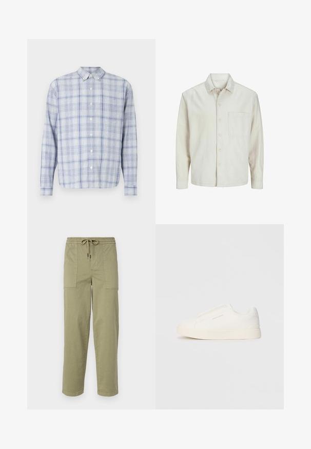 Chemise beige à manches longues en coton, avec un col classique, une poche poitrine et une coupe décontractée. Texture lisse et douce.; Chemise à manches longues à carreaux bleu clair et blanc. Présente un col classique et un tissu doux et texturé.; Pantalons vert olive clair en tissu mélangé coton, dotés d'une taille élastique avec cordon de serrage et de deux grandes poches latérales.; Baskets blanches sans lacets avec une surface texturée, une semelle épaisse et un design minimaliste. Présente le logo de la marque sur le côté.