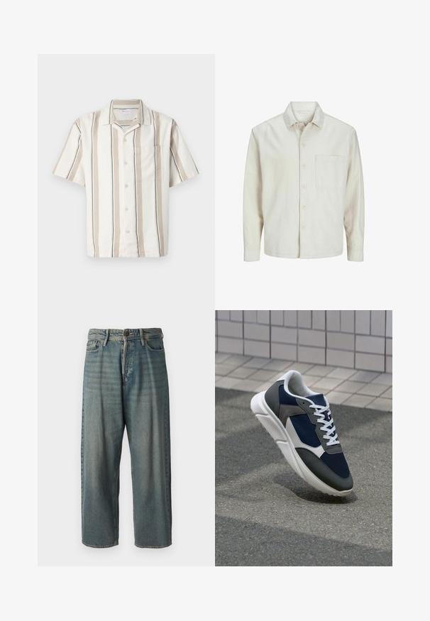 Chemise beige à manches longues en coton, avec un col classique, une poche poitrine et une coupe décontractée. Texture lisse et douce.; Chemise à manches courtes à rayures beiges et blanches avec un motif texturé, une poche poitrine, et un col classique, fabriquée en tissu léger.; Jeans en denim bleu clair avec une coupe ample, taille mi-haute et jambes droites. Comprend cinq poches, des passants de ceinture et une fermeture à bouton.; Baskets avec une tige en mesh bleu marine, des accents en suède gris, une semelle en caoutchouc blanc et des lacets plats blancs, conçues pour le confort et la respirabilité.