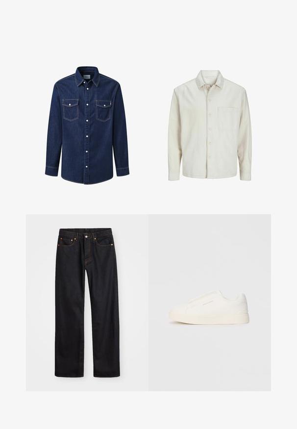 Beige košile na knoflíky vyrobená z bavlny s klasickým límcem, dlouhými rukávy, jednou náprsní kapsou a uvolněným střihem. Hladká a jemná textura.; Džínová košile v tmavě modré barvě s dlouhými rukávy, špičatým límcem, dvěma náprsními kapsami a bílými patentními knoflíky, s kontrastním prošíváním.; Pánské černé džíny rovného střihu s pěti kapsami a oranžovým prošíváním, s knoflíkem a zipem na předním pásku.; Bílé slip-on tenisky s texturovaným povrchem, silnou podešví a minimalistickým designem. Na boku je umístěno logo značky.