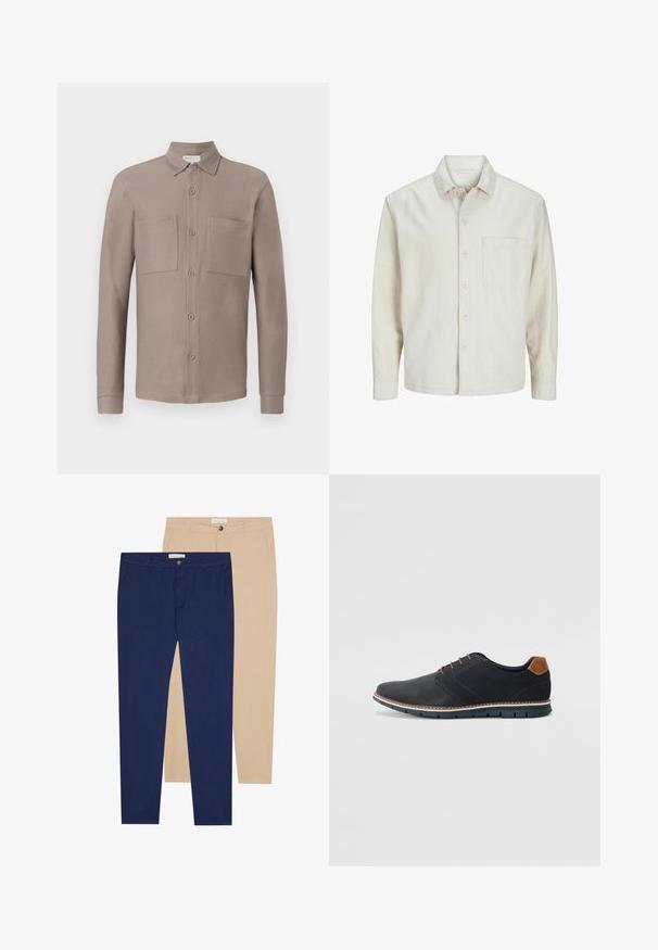 Beżowa koszula z długim rękawem wykonana z bawełny, z klasycznym kołnierzykiem, jedną kieszenią na piersi i luźnym krojem. Gładka, miękka faktura.; Jasno brązowa koszula z długim rękawem, z kołnierzykiem, dwoma kieszeniami na piersi i gładkim, teksturowanym materiałem.; Dwie pary spodni: jedna granatowa, druga beżowa. Obie mają prosty krój, zapięcie na guziki i gładką teksturę materiału.; Czarne syntetyczne buty z fakturowaną cholewką, gładkimi akcentami, brązowym obcasem i kontrastującą podeszwą. Charakteryzują się minimalnym sznurowaniem i detalami w szwach.