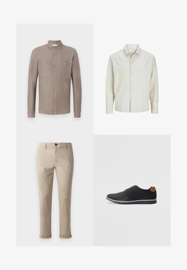 Beige košile na knoflíky vyrobená z bavlny s klasickým límcem, dlouhými rukávy, jednou náprsní kapsou a uvolněným střihem. Hladká a jemná textura.; Světle hnědá košile na knoflíky s límečkem, dvěma kapsami na hrudi a dlouhými rukávy, vyrobená z hladké, strukturované tkaniny.; Jack & Jones STMARCO FURY NOOS - Chino kalhoty - atmosphere; Černé syntetické boty s texturovaným svrškem, hladkými detaily, hnědým podpatkem a kontrastní podrážkou. Obsahují minimální šněrování a švy.
