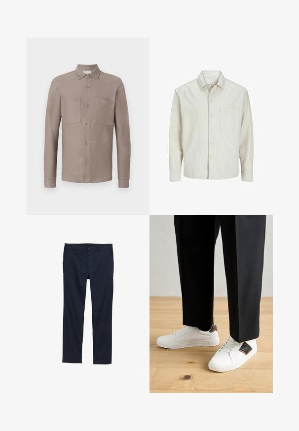 Camicia beige a bottoni realizzata in cotone con colletto classico, maniche lunghe, una tasca sul petto e una vestibilità rilassata. Texture liscia e morbida.; Camicia button-up marrone chiaro con colletto, due tasche sul petto e maniche lunghe in un tessuto liscio e strutturato.; Pantaloni leggeri blu navy con texture morbida, design a gamba dritta, chiusura con bottone e tasche laterali.; Sneakers bianchi dalla texture liscia, con dettagli in pelle marrone e particolari neri, abbinati a pantaloni neri su misura. Sfondo in parquet.