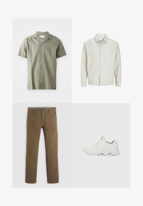 Beige nööbiga särk, mis on valmistatud puuvillast, klassikalise krae, pikkade varrukate, ühe rinnatasku ja avara lõikega. Sujuv, pehme tekstuur.; Lühikeste varrukatega, nööpidest kinnitatud särk oliivrohelises värvitoonis, kerge kangaga, kraega, millel on viis valget nööpi ja lõtv lõige.; Khaki puuvillased püksid sirge säärega disainiga, millel on nupuga sulgemine, kaks esi-taskut ja sile tekstuur.; Valged sportijalatsid, millel on tekstuuriga kudum peal, lame paelad ja pehmendatud tallad nähtavate õhukambritega täiendava toe jaoks.