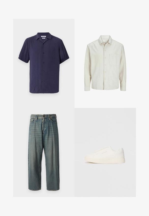 Cămașă bej cu nasturi, din bumbac, cu guler clasic, mâneci lungi, un buzunar la piept și o croială lejeră. Textură netedă și moale.; Cămașă cu mâneci scurte, cu nasturi, de culoare albastră închisă, fabricată dintr-un material ușor, cu o textură simplă și un design clasic al gulerului.; Jeans din denim bleu deschis, cu o croială lejeră, talie medie și picioare drepte. Au cinci buzunare, bucle pentru curea și închidere cu nasture.; Tenisi albi slip-on cu o suprafață texturată, talpă groasă și un design minimalist. Prezintă logo-ul brandului pe lateral.