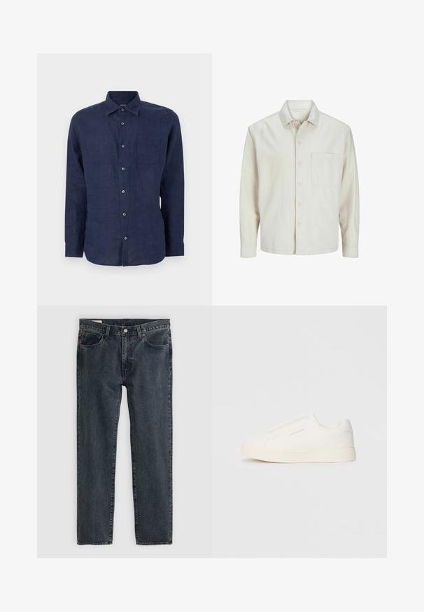 Beige pogrieta krekls no kokvilnas ar klasisku apkakli, garām piedurknēm, vienu krūšpocketu un brīvu piegriezumu. Gluda, maiga tekstūra.; Tums zilas krūšturis ar garām piedurknēm, izgatavots no lina, ar pogu aizdari priekšā, apkakli un vienu krūšu kabatu papildu detaļai.; Tumši zili džinsi ar taisnu kāju dizainu, pieci kabatas un pogu aizdare. Audums rāda vieglu izbalēšanu un faktūru.; Baltas slip-on sporta apavi ar teksturētu virsmu, biezu zoli un minimālistisku dizainu. Sānos redzams zīmola logotips.