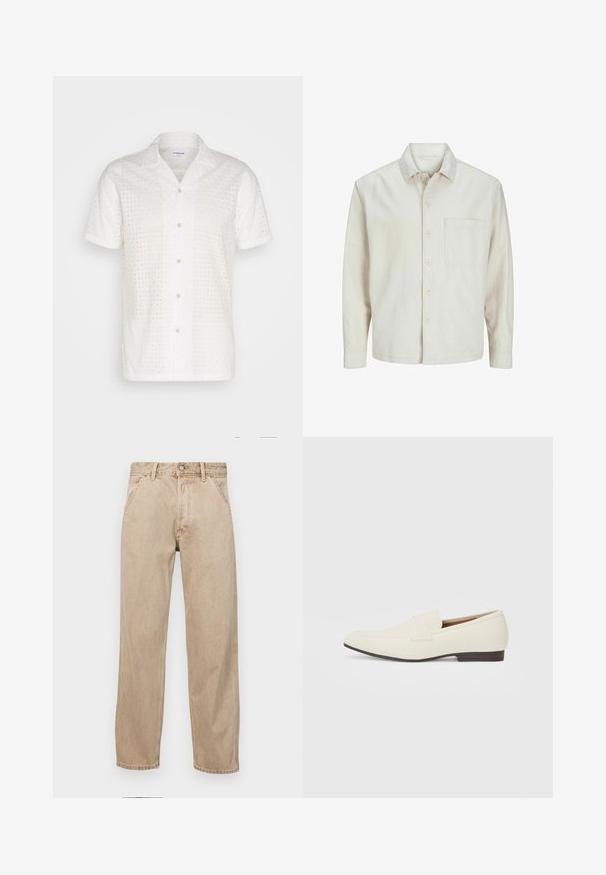 Camisa de botón de color beige hecha de algodón, con un cuello clásico, mangas largas, un bolsillo en el pecho y un corte relajado. Textura suave y lisa.; Camisa blanca de manga corta con un patrón texturizado y orificios de ojal, que presenta un cierre de botones en la parte delantera y un diseño de cuello clásico.; Jeans de mezclilla beige con un diseño de pierna recta, que cuentan con bolsillos frontales, cierre de botón de metal y una textura sutil.; Mocasines beige claro con puntera puntiaguda, material suave, una correa a través del empeine y una suela baja marrón. Diseño simple con acentos mínimos.