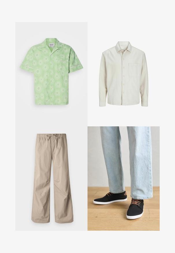 Beige pogrieta krekls no kokvilnas ar klasisku apkakli, garām piedurknēm, vienu krūšpocketu un brīvu piegriezumu. Gluda, maiga tekstūra.; Īsām piedurknēm, gaiši zaļa krekla ar baltu saules staru rakstu, ar pogu aizdari un nelielu krūšu kabatu. Strukturēta auduma.; Bežīgas platās bikses ar elastīgu jostu un saiti. Gluda tekstūra, divas sānu kabatas un minimāli šuvi brīvai piegriezumam.; Melnas auduma čības ar brūniem akcentiem, baltām gumijas zolēm un brūnām šņorēm, kombinētas ar gaiši ziliem taisnajiem džinsiem. Koka grīdas fons.