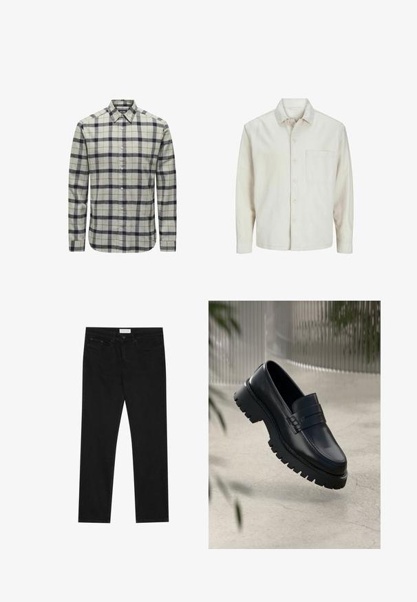 Chemise beige à manches longues en coton, avec un col classique, une poche poitrine et une coupe décontractée. Texture lisse et douce.; Chemise à boutons de couleur gris clair avec un motif vichy bleu marine et marron, dotée de longues manches, d'un col pointu et de détails en bouton.; Jean droit noir avec un design à cinq poches, fermeture à bouton et zip, et une étiquette de marque Pier One sur la taille.; Mocassins en cuir noir avec une semelle à crampons épaisse, dotés d'une sangle décorative et de détails de couture. Texture lisse avec une finition polie.