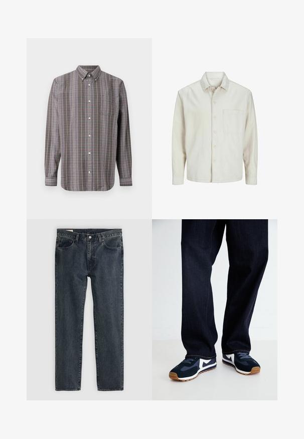 Beige Hemd mit Knopfleiste aus Baumwolle, klassischem Kragen, langen Ärmeln, einer Brusttasche und lockerer Passform. Glatte, weiche Textur.; Langärmliges Hemd mit Knopfleiste im karierte Muster aus Braun, Weiß, Blau und Lila sowie einer Brusttasche auf einem weißen Hintergrund.; Dunkelblaue Jeans aus Denim mit geradem Bein, fünf Taschen und einem Knopfverschluss. Der Stoff weist eine subtile Ausbleichung und Textur auf.; Marineblaue und weiße Sportschuhe mit einer strukturierten Oberseite, Schnürsenkeln und Gummisohle, kombiniert mit dunklen Jeanshosen mit orangefarbenen Nähten.
