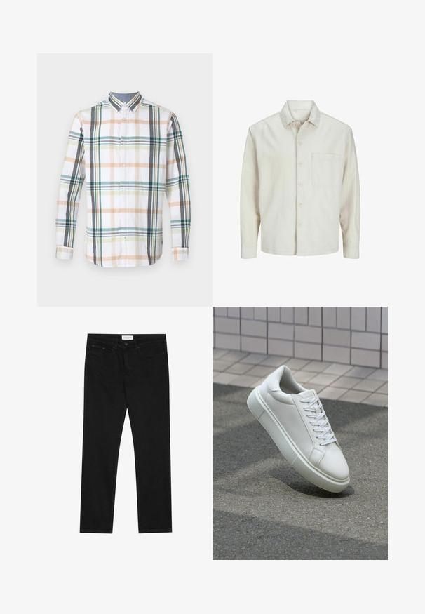 Šviesiai rudos spalvos medvilninis marškinis su klasikiniais atvartais, ilgomis rankovėmis, viena krūtine kišenė ir laisvas fasonas. Sklandus, minkštas paviršius.; Ilga rankovė mygtukais užsegama marškinėlių palaidinė iš baltos medžiagos, kuri pasižymi daugiatoniu languotu raštu su žalios, smėlio ir pilkos spalvų atspalviais.; Juodos tiesios kojų džinsai su penkių kišenių dizainu, mygtuko ir užtrauktuko uždarymu bei "Pier One" prekės ženklo etikete ant juosmens.; Balti odiniai sportbačiai su lygiu paviršiumi, apvalia nosimi ir plokščiomis baltomis raištelėmis. Yra tekstūruotas gumos padas ir minimalizmas dizaino elementuose.